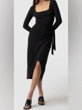 Black Square-Neck Long Sleeve Midi Dress with Side Tie